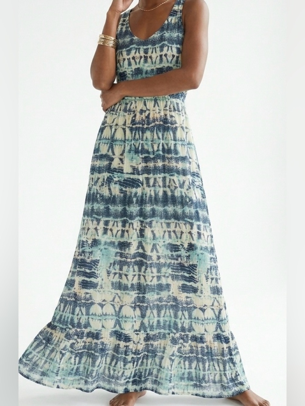 Nicole Miller NY Boho Coastal Maxi Dress | Smocked Waist Blue Abstract Size 12